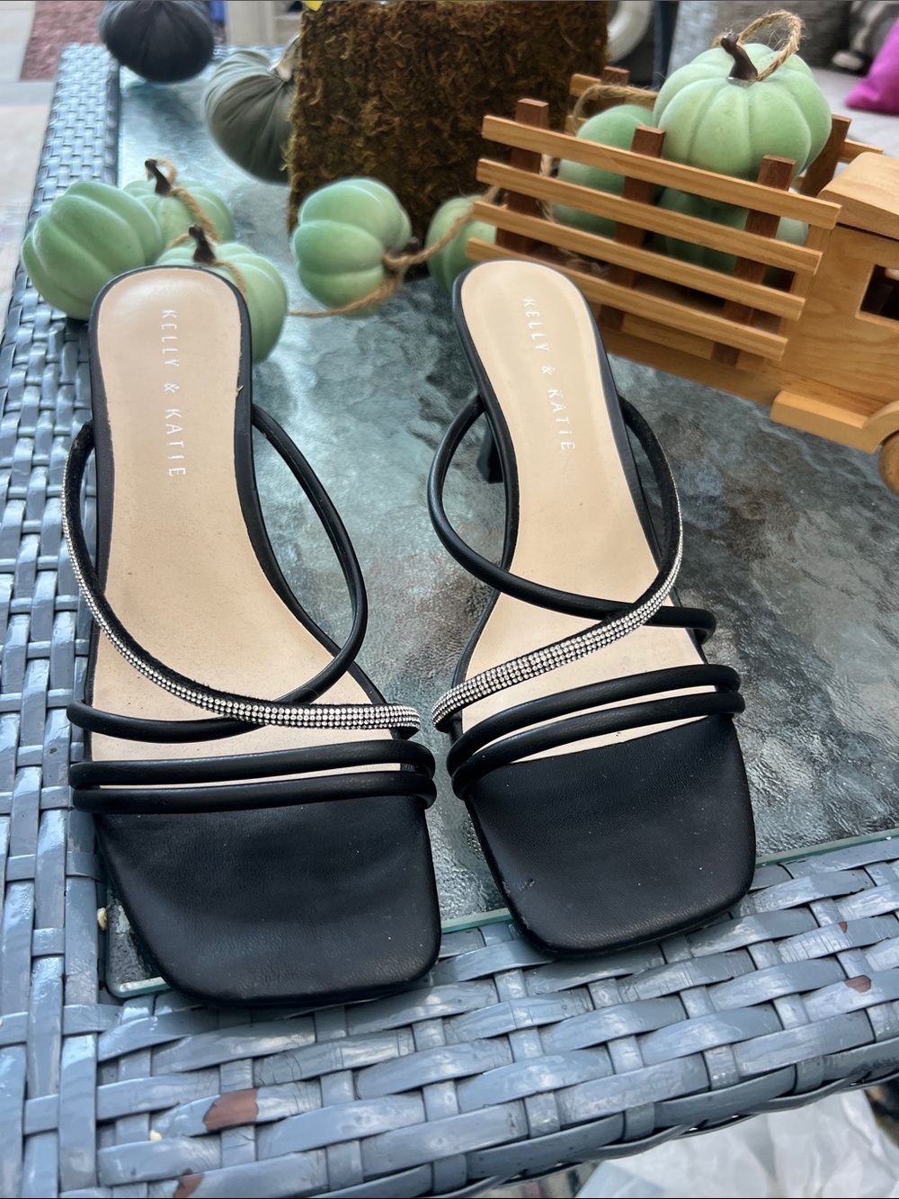 Kelly & Katie Black Strappy Rhinestone Slide Heels